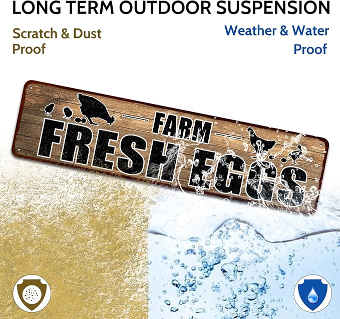 'Farm Fresh Eggs' Retro Vintage Metal Tin Bar Sign, Decorative Wall Art Signage, Primitive Farmhouse Country Kitchen Home Décor, 16" x 4"