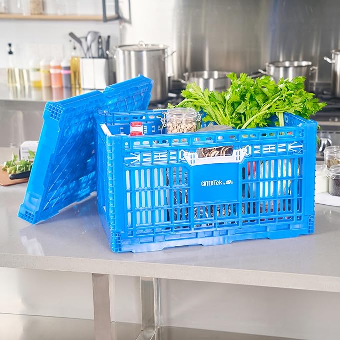 Restaurantware Plastic Milk Crates for Storage - 10 Pack - Cater Tek Stackable Storage Buns for Organizing - Collapsible Storage Basket for Groceries, Home Supplies, Blue