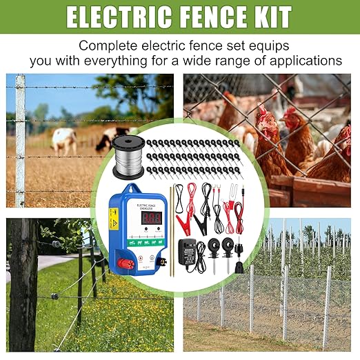 Electric Fence Kit, 8 Mile 12kV 2J Electric Fence Charger AC/DC Powered with 50 Insulators, Socket Tool, 250ft Aluminum Wire for Livestock Control, Predators Deterrent(LCD Display Ver.,Blue)