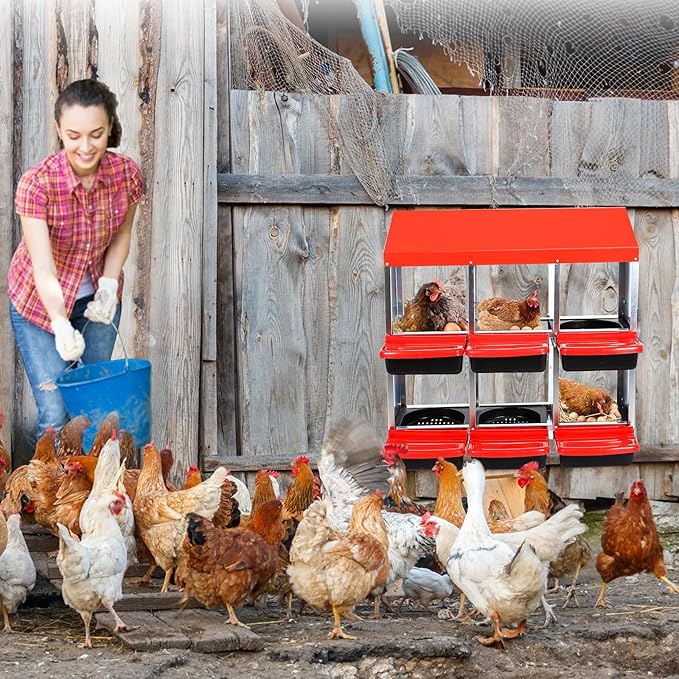 6 Compartment Heavy Duty Metal Chicken Nesting Box, Roll-Away Design, Easy-Clean Plastic Trays, Secure Lid & Swing Perch for Coops – Durable Egg Laying Solution – Red(Without Bracket)