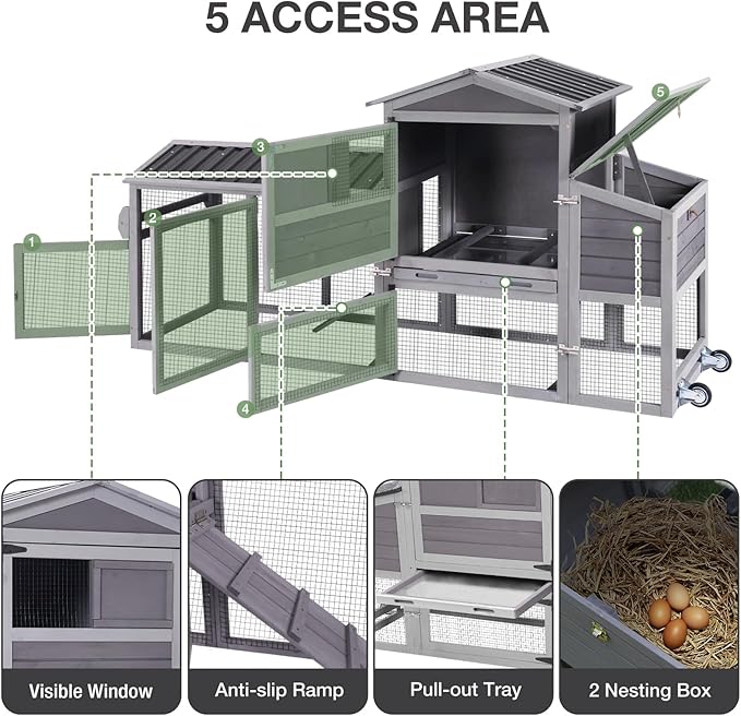 80" Large Chicken Coop on Wheels, with Run, Outdoor Wooden Hen House with Nesting Box, Leakproof Pull-Out Tray & Waterproof Roof, for 4–6 Chickens