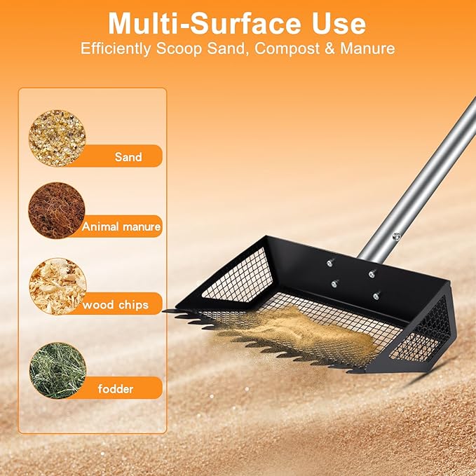 Chicken Poop Scooper and Rake – 2-in-1 Heavy Duty Metal Litter Sifter with Serrated Head fine mesh, Adjustable Handle for Effortless Coop Cleaning in Sand, Ideal for Chicken and Duck
