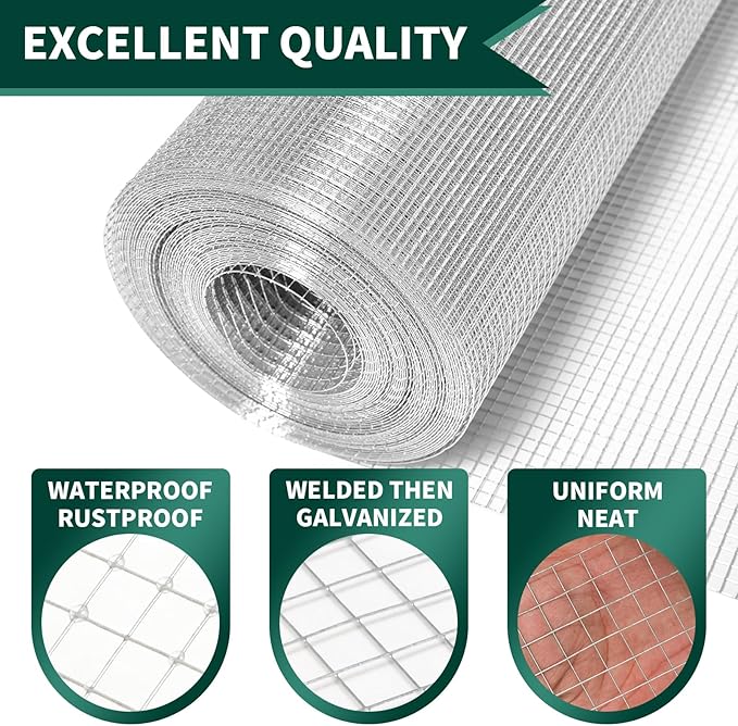 Hardware Cloth 1/2 Inch 19 Gauge Double-Layer Hot-Dip Galvanizing After Welding Chicken Wire Fence Roll -Welded Wire Mesh for Poultry Netting, Garden Fencing, Tree Guard Rolls and Animal Enclosures