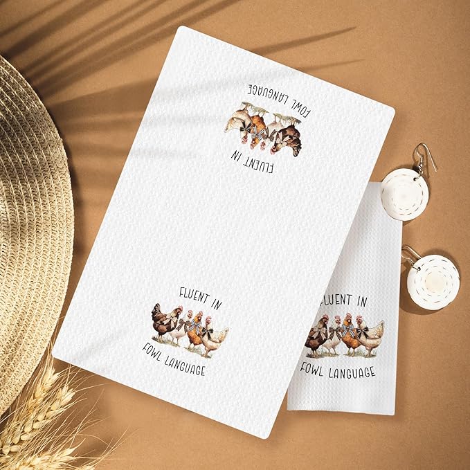 Chicken Kitchen Towels Funny Dish Towel with Sayings 16x24 Inches for Chicken Lover Mom, Fluent in Fowl Language Decorative Hand & Tea Towels for Farmhouse Home