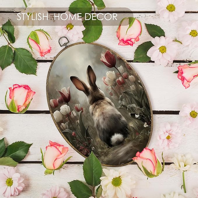 Fewgb Bunny Rabbit Oval Wall Art Decor Framed for Bunny Lovers Gifts, Floral Easter Bunnies Canvas Wall Art Prints Picture, Moody Spring Tulip Farmhouse Hanging Room Decor for Bedroom Nursery 9x12