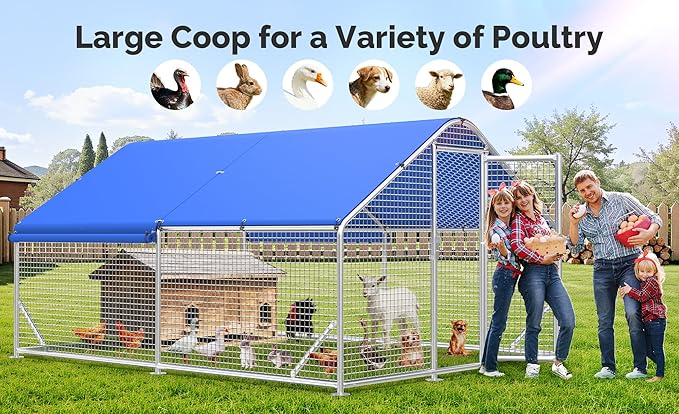 Large Metal Chicken Coop with Galvanized Hardware Cloth, Chicken Coop Run Pen for Yard with Waterproof Cover, Outdoor Large Walk-in Chicken Coops for 20 Chickens Duck Pen House Cage Run
