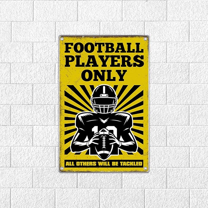 Football Players Only Metal Sign 8 x 12 Inch Funny American Wall Decor For Game Room Gym Bar Garage Sports Poster Decoration Athletes Coaches Fans Indoor Home Kitchen