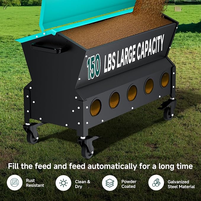 Heavy Duty Chicken Feeder 120 lbs Large Capacity, Metal Automatic Poultry Feeding Box with Waterproof Lid, Raised Standing Feeder with Wheels for Hens & Roosters, Portable & Easy to Move