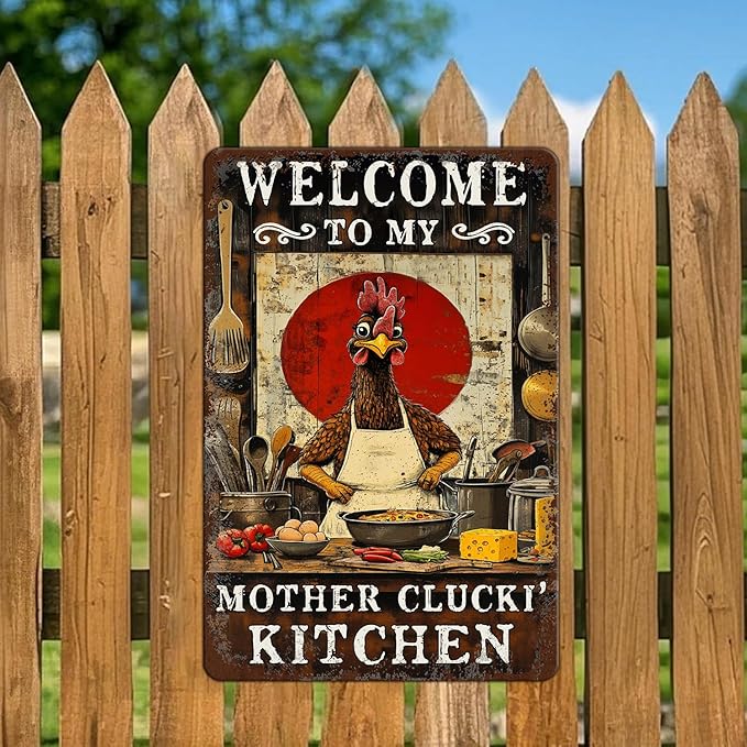 Funny Chicken Signs Welcome To My Kitchen Humorous Cartoon Rooster Cooking Aluminium Sign Metal Chicken Signs Decor Home Ktichen Farm Are Wall 12x16 Inch Vintage Chicken Signs Metal Tin Poster