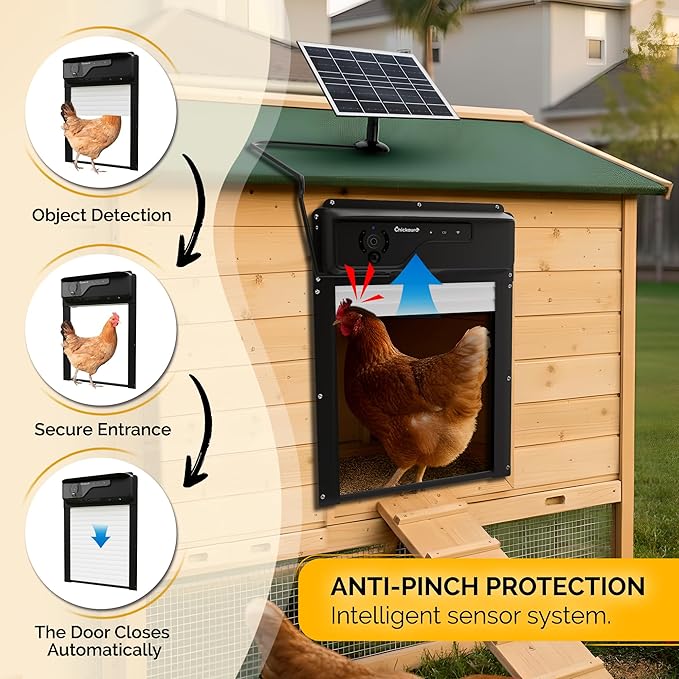 Automatic Chicken Coop Door Solar Powered with Nesting Pad - Waterproof Chicken Door with Timer, HD Camera, Anti-Pinch Protection, Mobile App & Remote Control, Alarm System, Mic & Speaker