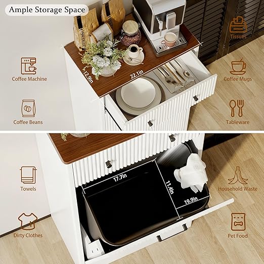 Single 10 Gallon Wood Grain Tilt-Down Trash Can Cabinet with Storage Drawer,Wood Grooved Recycling Cabinet with Wave Texture Hidden Pull-Out Trash Can for Kitchen,Bathroom (Trash Can Cabinet-White)