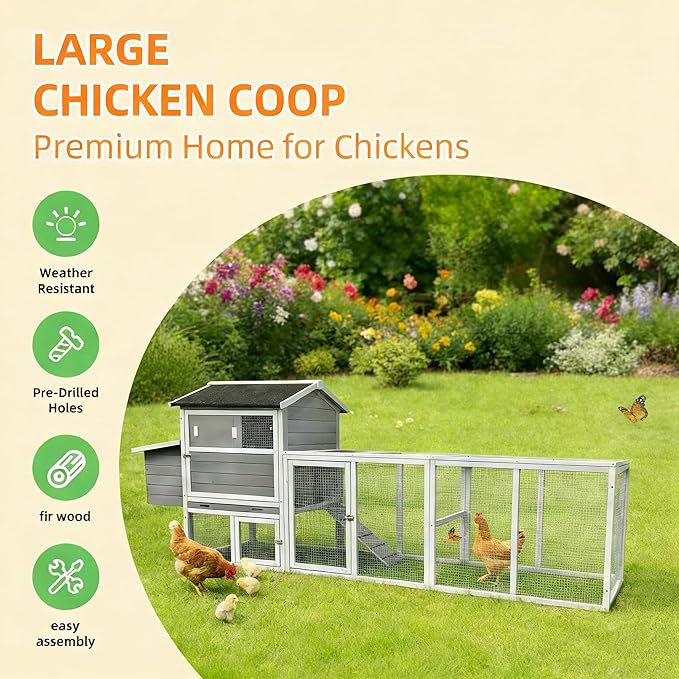 Large Wooden Chicken Coop Outdoor Hen House with Nesting Box，Walk-in Poultry Cage with Secure Locks, Metal Mesh Run for Backyard Farm Use (Gray 114.26")