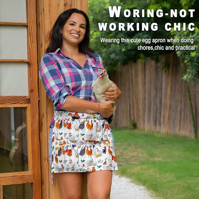 Egg Collecting & Gathering Apron with 8 Pockets - Chicken Egg Apron for Women/Men, Fresh Eggs Collection (Hen Design, Gifts for Chicken Keepers)