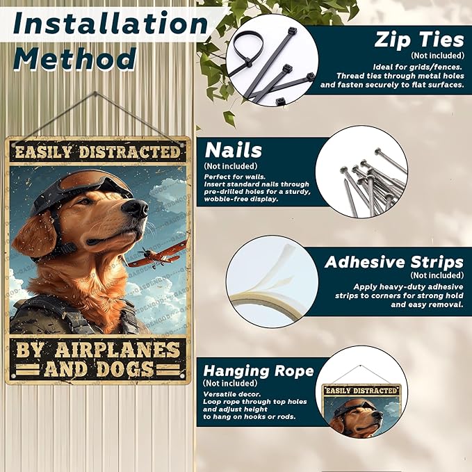 Vintage Pilot Metal Sign Easily Distracted By Airplanes And Dog Metal Poster Home Kitchen Garden Garage Coffee Bathroom Man Cave Aluminium Sign Art Wall Decor Plaque 16x12 Inch