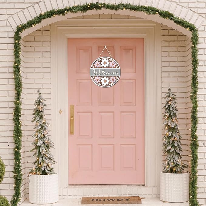 CHDITB 3D Flower Welcome Front Door Sign (12''x12''), Farmhouse Daisy Wooden Cutout Door Decor, Rustic Carved Welcome Spring Wall Hanging for Porch Garden Fence Flower Shop Decoration