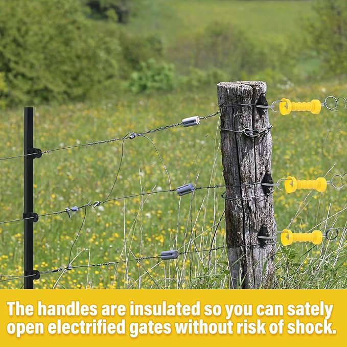 Tondiamo 2 Sets Electric Fence Gate Handle Set with Anchors and Insulators Including 2 Pcs Plastic Electric Fence Gate Handle with Spring, 4 Pieces Anchor Set, 4 Pieces Black Insulators