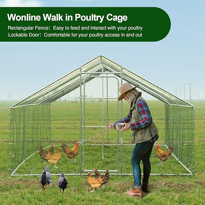 Chicken Coop Large Metal Chicken Run with Chicken Perch, Outdoor Dog Kennel with Roof Waterproof Anti-UV Cover Secure Lock for Outside Backyard Farm (19.7' L x 9.8' W x 6.72' H)