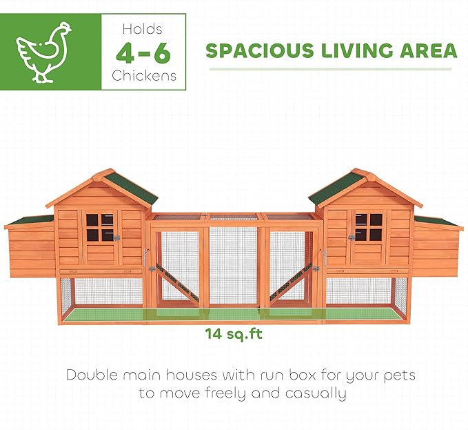 PawHut Dual Wooden Chicken Coop with Garden Bed, Large Outdoor Hen House with Nesting Boxes Removable Trays, Ramps Run, for Garden Backyard, 123" x 27.5" x 42.5", Natural Wood