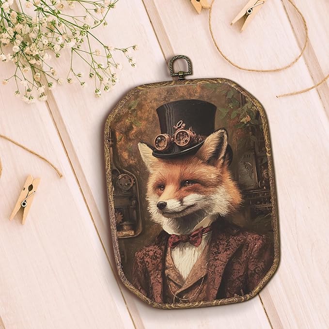 Hxlac Vintage Fox Rectangular Wall Art Framed, Dark Moody Fox Rectangular Wall Decor, Rustic Farm Animal Hanging Canvas Prints Wall Sculptures for Farmhouse Home Living Room Bedroom Decor, 7.1x10.2 Inch