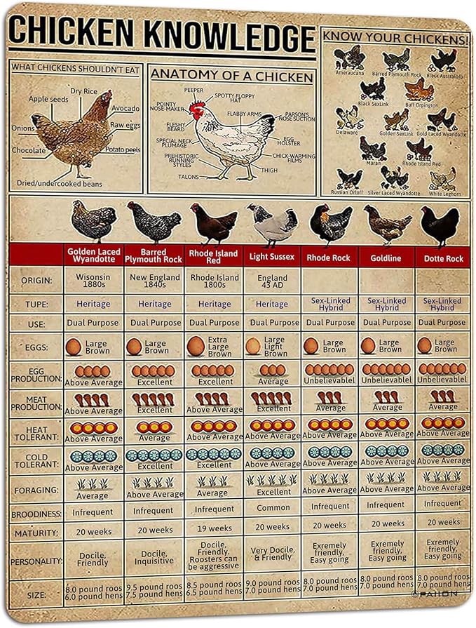 PAIION Metal Tin Signs Chicken Knowledge Detail About Chicken for Farmer for Friends Music Vintage Home Bathroom Cottage Farm Wall Decor 16x12 Inch