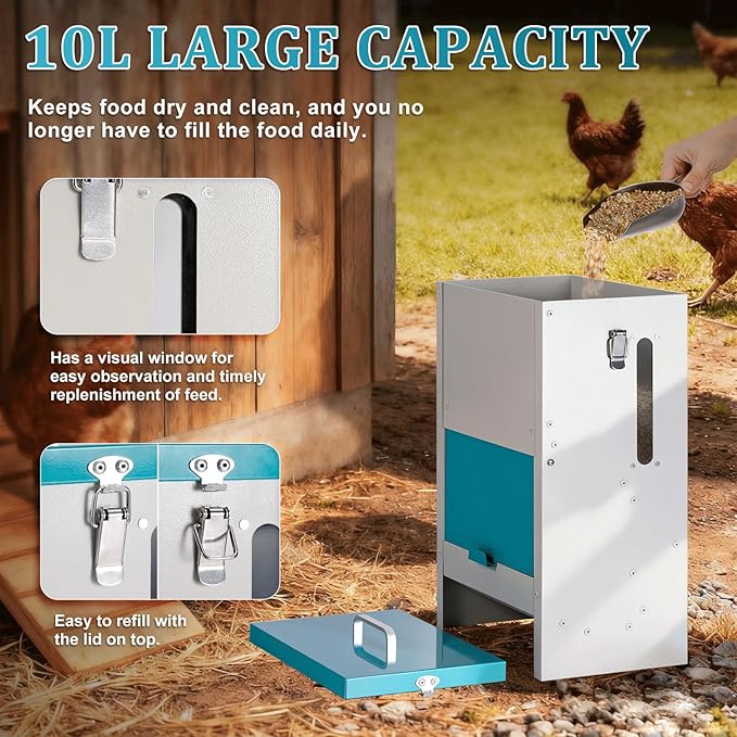 10L Automatic Chicken Feeder Metal No Waste Poultry Feeder Gravity Fed Self Feeding Large Chicken Food Dispenser with Lockable Lid and Rain Cover