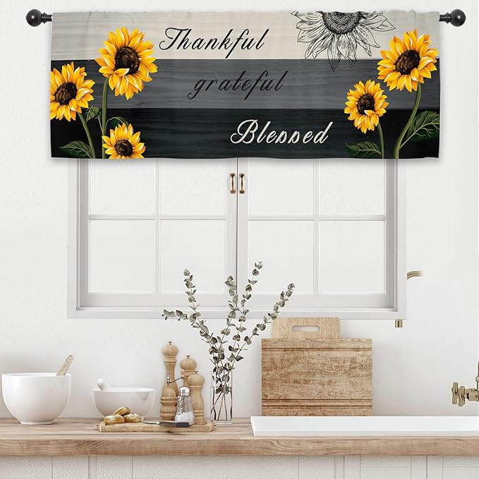 Farmhouse Sunflower Rustic Kitchen Curtain Valance 54W x 18L Inch Wood Wooden Country Rural Rod Pocket Short Cafe Small Window Treatment Drapes Decor
