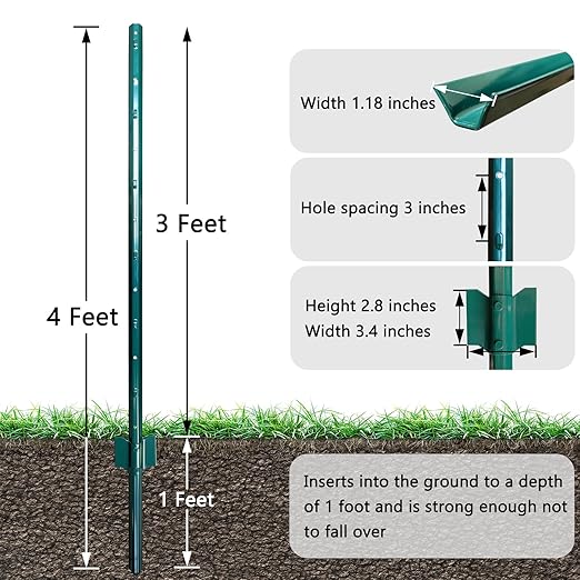 4ft Fence Posts, Pack of 10 - Sturdy Metal U-Posts & Step-in Stakes, No Digging Poles for Garden Wire Fencing and Yard Signs (Fits 3-ft Fence Mesh)