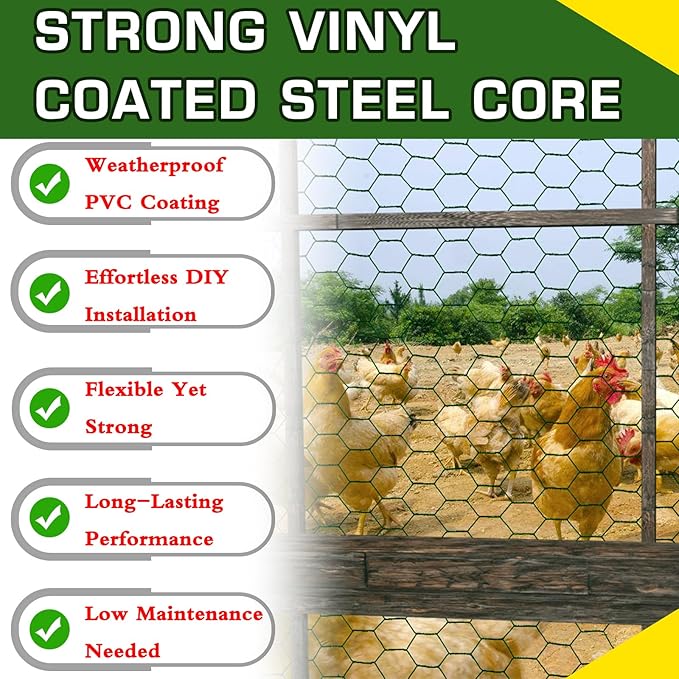 Chicken Wire24inx150ft, Premium Chicken Wire Fencing, Chicken Wire Mesh, Green PVC Coated Metal Wire Fence, Galvanized Poultry Netting Barrier for Floral Arrangements/Craft Projects//Rabbit
