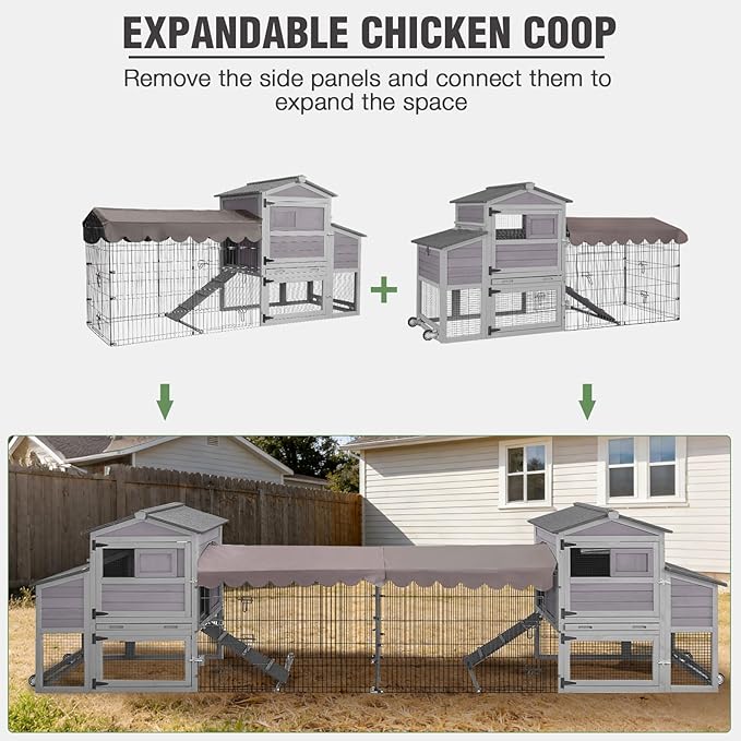 Mobile Chicken Coop with Run, Large Outdoor Wooden Poultry Cage Hen House with Wheels, Nesting Box, Pull-Out Tray, Waterproof Roof, Grey, 79.1" L x 25.2" W x 43.6" H, for 4-6 Chickens