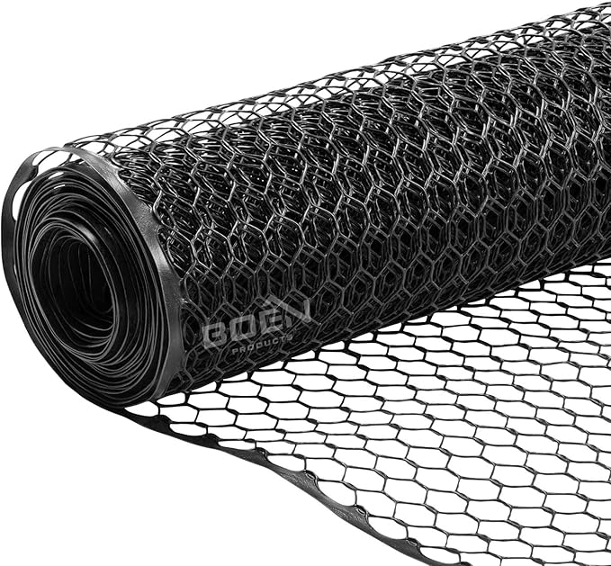 Boen - Plastic Hex Chicken Wire Mesh Temporary Fence Roll (4' x 25' - Black) - Plastic Fence Poultry Netting for Temporary or Semi Permanent Enclosures, Deer Netting Fence, Construction Fencing