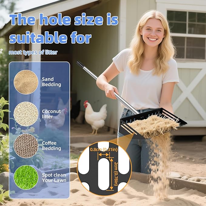 Chicken Poop Scooper & Rake 2-in-1, 4 in 1 Stainless Steel Handle 12 in Chicken Coop Pooper Shovel (23 to 62"), for Animal Sheds, Trash Scoop with Ergonomic Handle, Scooper Sand Sifting Shovel