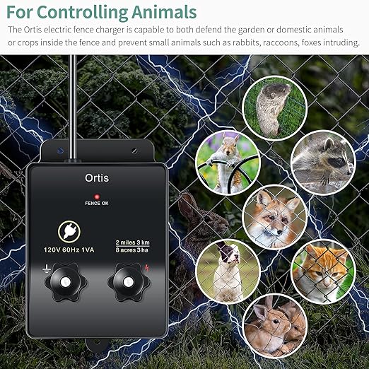 Electric Fence Energizer, Ortis 2-Mile/ 8 Acres Electric Fence Controller for Dogs, Livestock, Squirrels, Used for Gardens, Chicken Coops, 0.1 Joule