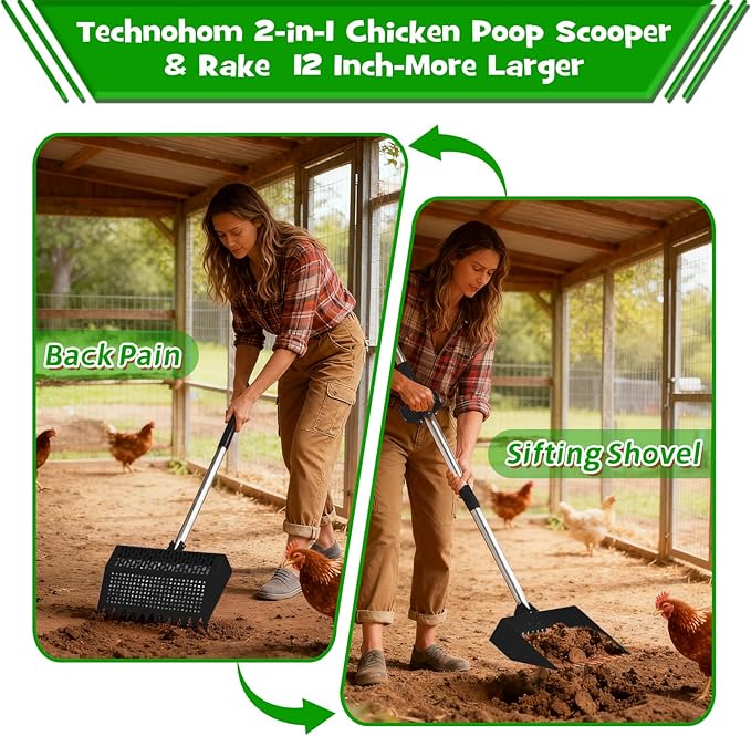 Chicken Poop Scooper & Rake 2-in-1 – 12 Inch Shovel Head & 3-Angle Adjustable Stainless Steel Handle, Chicken Litter Scoop and Coop Rake & Sand Sifting Shovel for Chicken Coops, Black