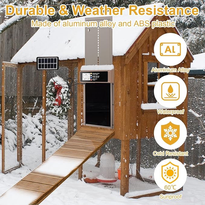 Automatic Chicken Coop Door Solar Powered, LCD Display Automatic Chicken Door with Timer & Light Sensor, Aluminum Alloy Chicken Door with Remote Control & 4 Modes