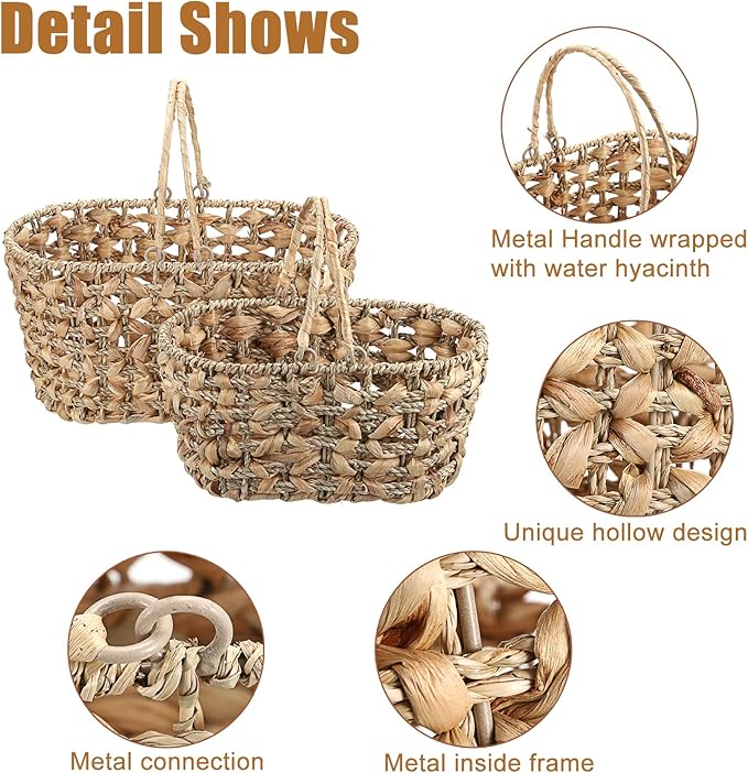 2 Pcs Eggs Collecting Baskets, Handmade Water Hyacinth Storage Basket for Gathering Fresh Eggs, Egg Holder with Handle for Harvest Farmhouse and Kitchen Use Seagrass Basket for Chicken-Egg