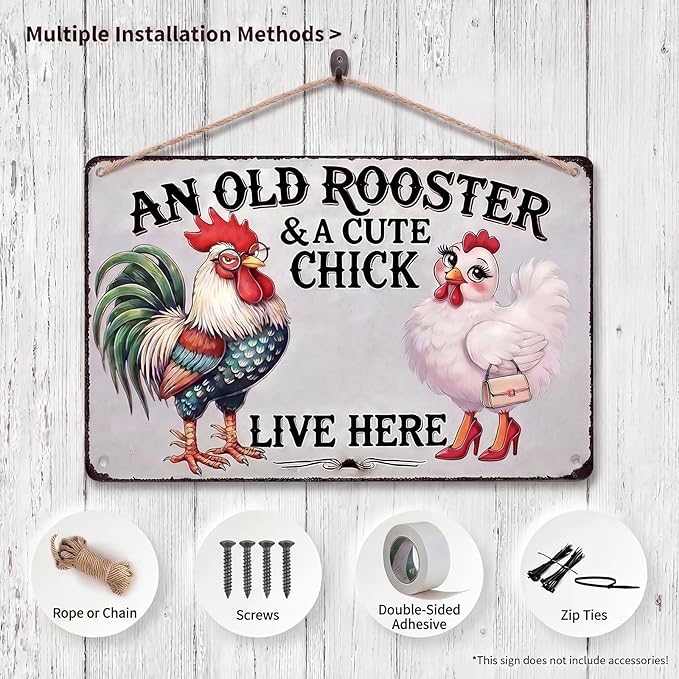 Chicken Lover Gift Idea - Humorous Metal Coop Sign, Farm Animal Tin Art for Home, Kitchen, Garden, 8x12 Inch Vintage Style Decorative Plaque with Holes