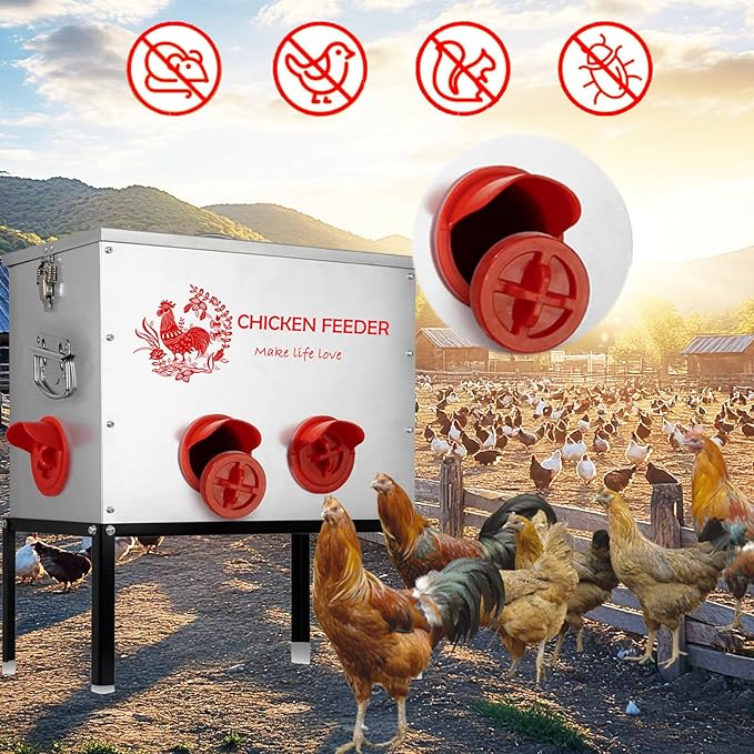 Automatic Chicken Feeder Capacity 6 Port Large Metal Chicken Feeders No Waste Poultry Feeder with Locking Lid and Legs for Inside Chicken Coops for Chickens, Ducks, Geese (A24-1)