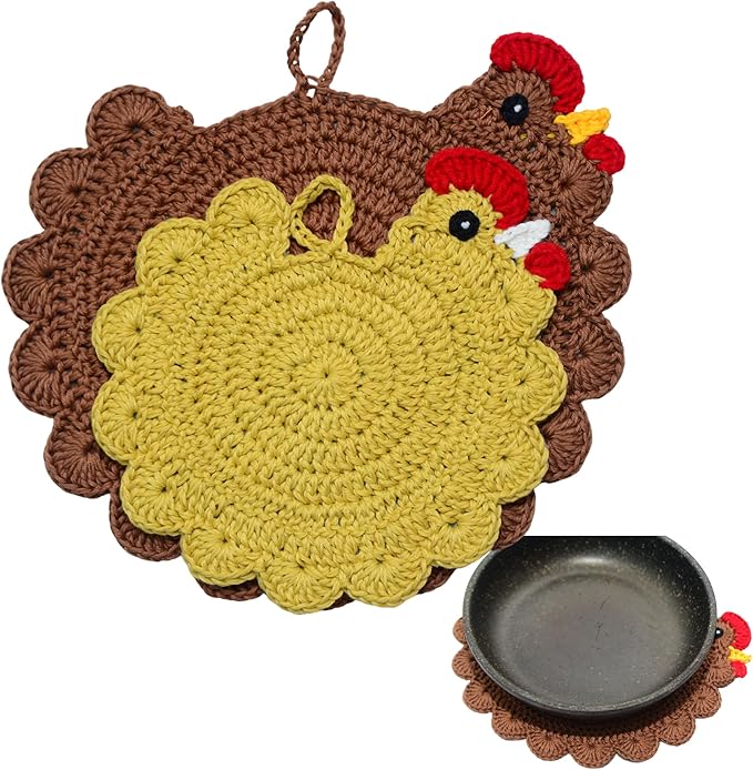 Handmade Crochet Chicken Trivets Set of 2, Chicken-Gifts, Valentine Gifts, Pot Holders, Heat Resistant Farmhouse Kitchen Home Decor, Cooking, Baking, Cute Desk Accessories, Tabletop Protection (2pcs)