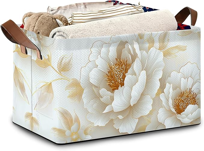Vintage Peony Storage Baskets,White Gold Flower Foldable Large Capacity Organizer Bins with Waterproof Lining and Leather Handles for Closet,Shelf,Bedroom 17x11.5x10Inch