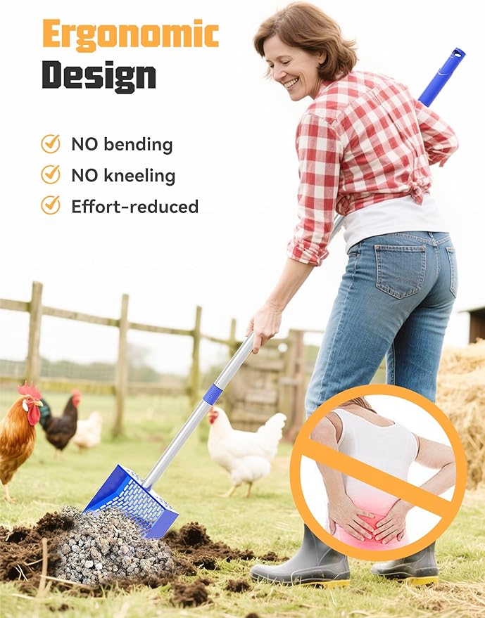 Chicken Poop Scooper & Rake, Metal Sifting Shovel 10" Wide Metal Head, Adjustable Handle to 74", Chicken Coop Scooper with Adjustable Handle for Chicken Coop & Pet Waste Cleaning