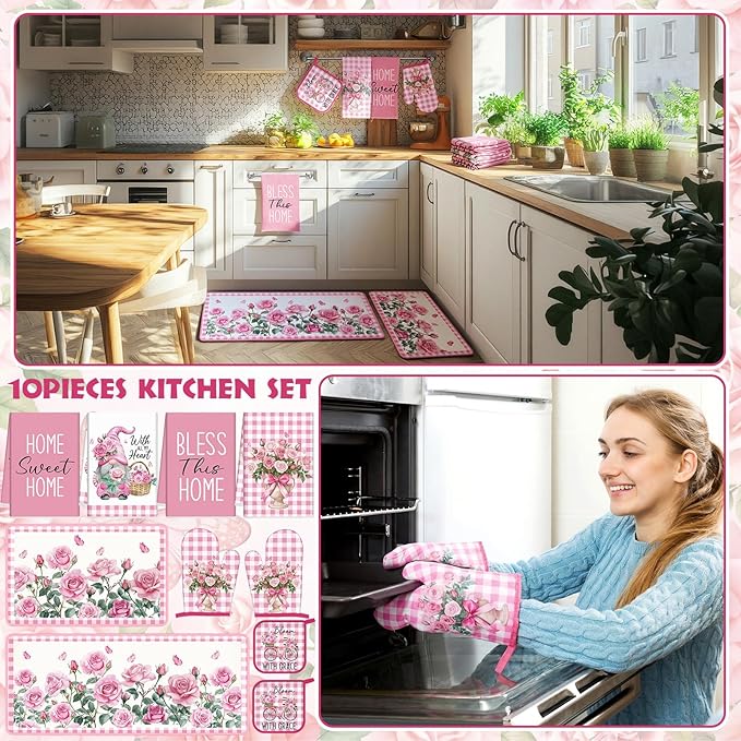 10 Pcs Pink Rose Kitchen Decor Set Towels and Rugs Oven Mitts and Pot Holders Farmhouse Spring Kitchen Decor Set for Women Mom Gift Cooking Baking Grilling