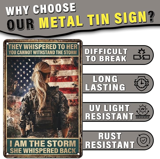 PEACHGARDEN Vintage Female Soldiers Metal Sign Patriotic Veteran Wall Decor I Am the Storm Poster for Soldier Home Living Room Bar Pub Outdoor Decoration 8x12inch