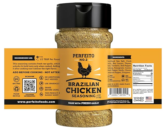 PERFEITO NO.2 Authentic Brazilian Natural Poultry Seasoning - Fresh Garlic, Gluten-Free, Sugar Free, No Preservatives, Premium, Rich Flavor (Recommended for Chicken and Poultry) (Standard Jar)