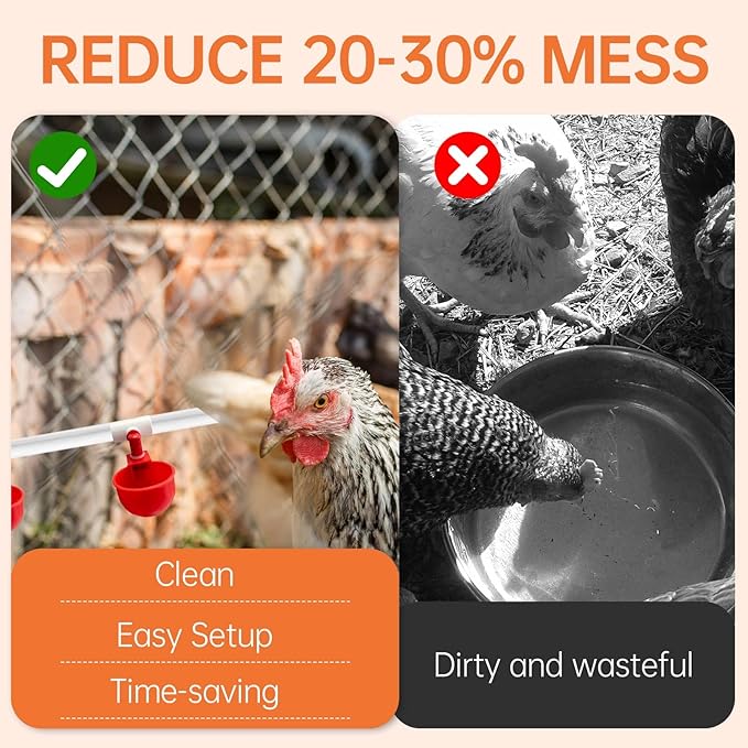 Complete Set Pipeline Automatic Chicken Watering System, DIY Chicken Waterer System with PVC Pipe, Stainless Steel Hose, Chicken Water Cup and Float Valve, Easy to Install(No Bucket Included)