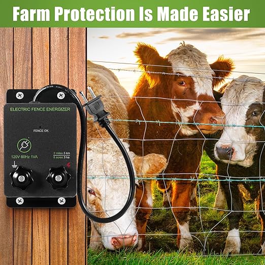 2-Mile 5000V 0.1Joule Electric Fence for Preventing Animals Intruding, 50 Black Fence Insulator and 1 Socket Tool, 250ft Aluminum Wire for Electric Fencing Grid System Accessories