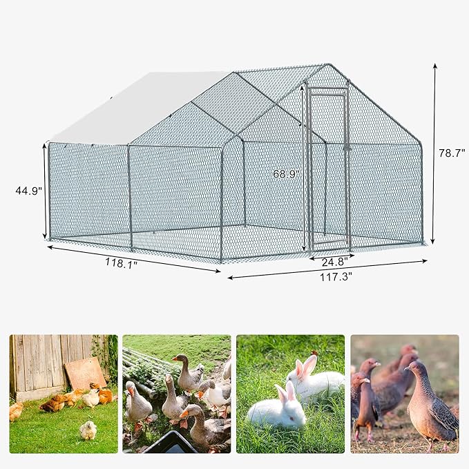 Outvita Chicken Coop, 10×10 FT Large Metal Chicken House, Poultry Habitat Cage with Waterproof Cover, Walk-in Chicken Run Pen for Small Animals, Yard, Farm, Patio