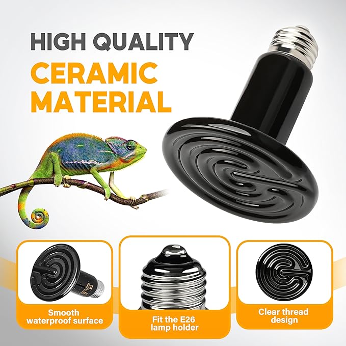HealSmart 75W Reptile Heat Lamp Ceramic Heat Emitter, No Light Emitting Heat Bulbs, Suitable for Snake/Lizard/Spider, Plant Growth and Incubating Chicken, 2-Pack