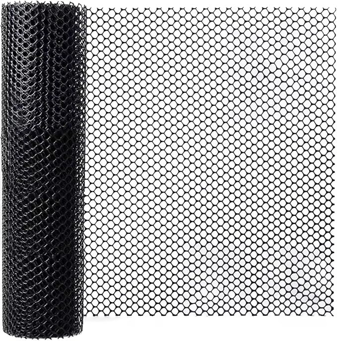 Plastic Wire Fence Mesh Roll, Sturdy Plastic Chicken Wire Mesh, Versatile Animal Fencing Barrier, Garden Netting Solution to Pet, Poultry, Cats, Crafts and Gardening (Black, 15.75INx59FT)