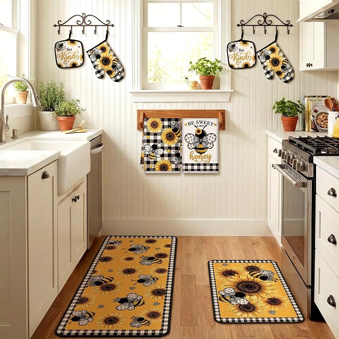 10 Pcs Farmhouse Kitchen Decor Set Dish Towels Kitchen Rugs Oven Mitts and Pot Holders for Cooking Baking Grilling Women Mom Daughter Gift(Yellow,Black,Bee Theme)