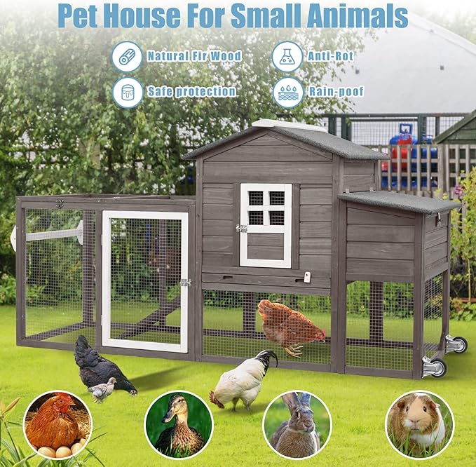 PetsCosset 158in Chicken Coop Wooden Indoor Outdoor for 1-6 Chickens Extension Chicken Houses with Removable Tray Nesting Box and Run（Set of Two）, Grey